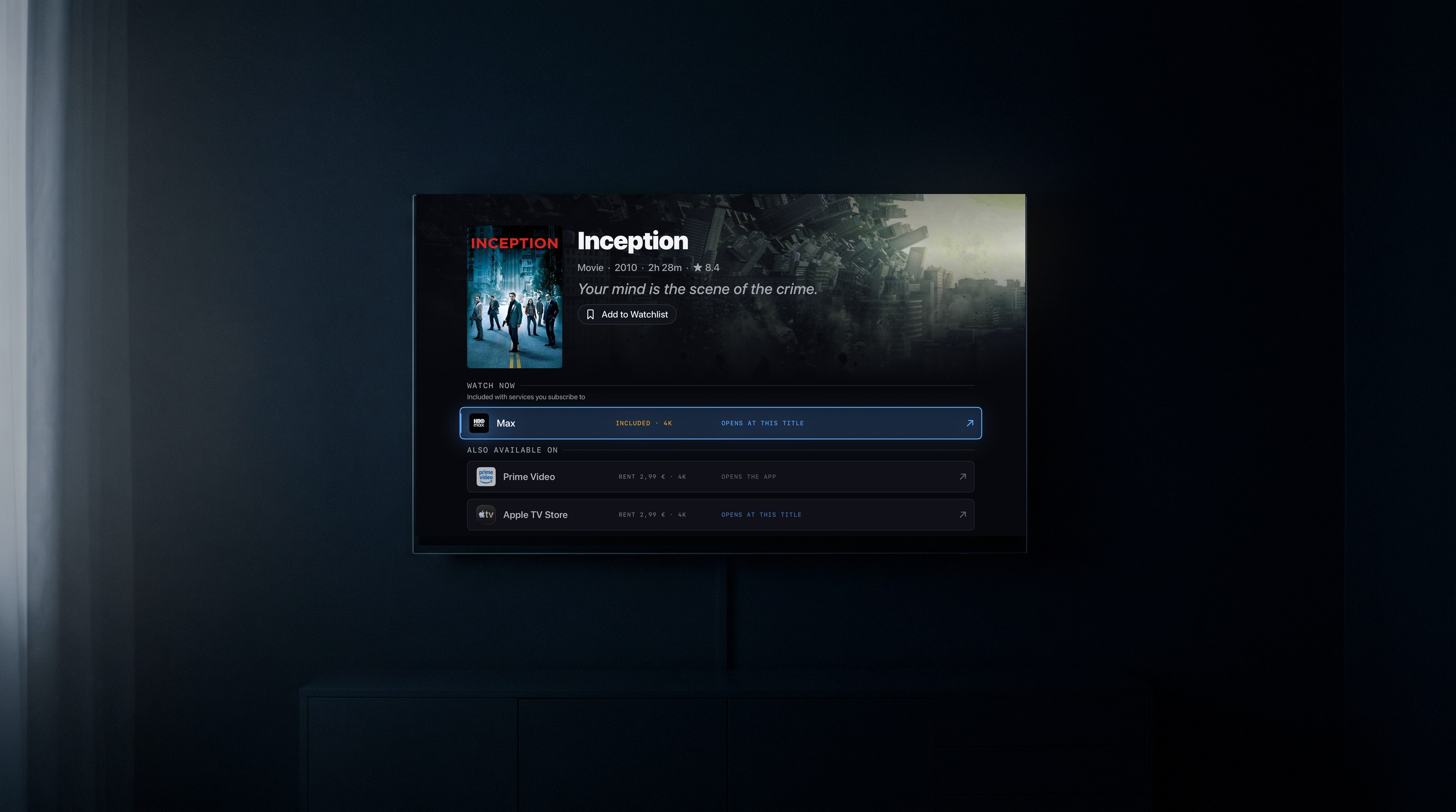 JumpIn on a television in a dark room, showing Inception with Max marked included in 4K and opening at the title