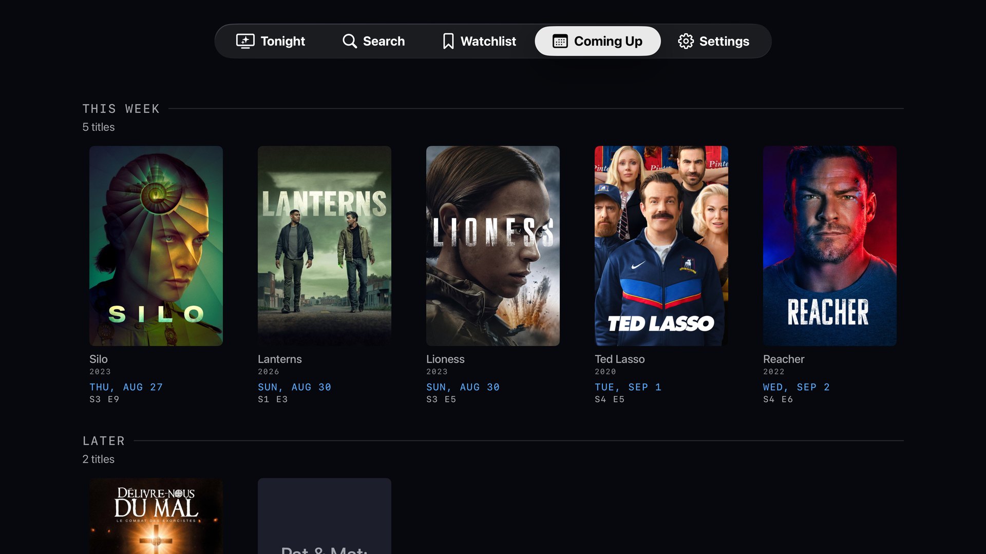Coming Up tab listing Silo, Lanterns, Lioness, Ted Lasso and Reacher with their air dates and episode numbers