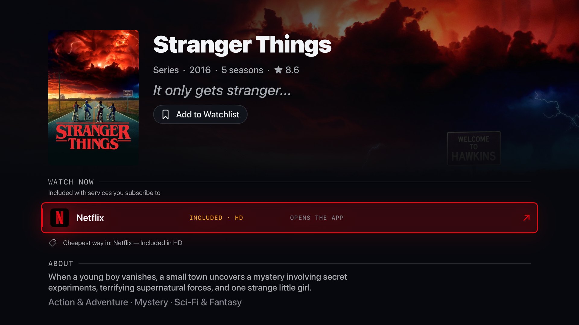 Stranger Things detail screen with Netflix focused, marked included in HD