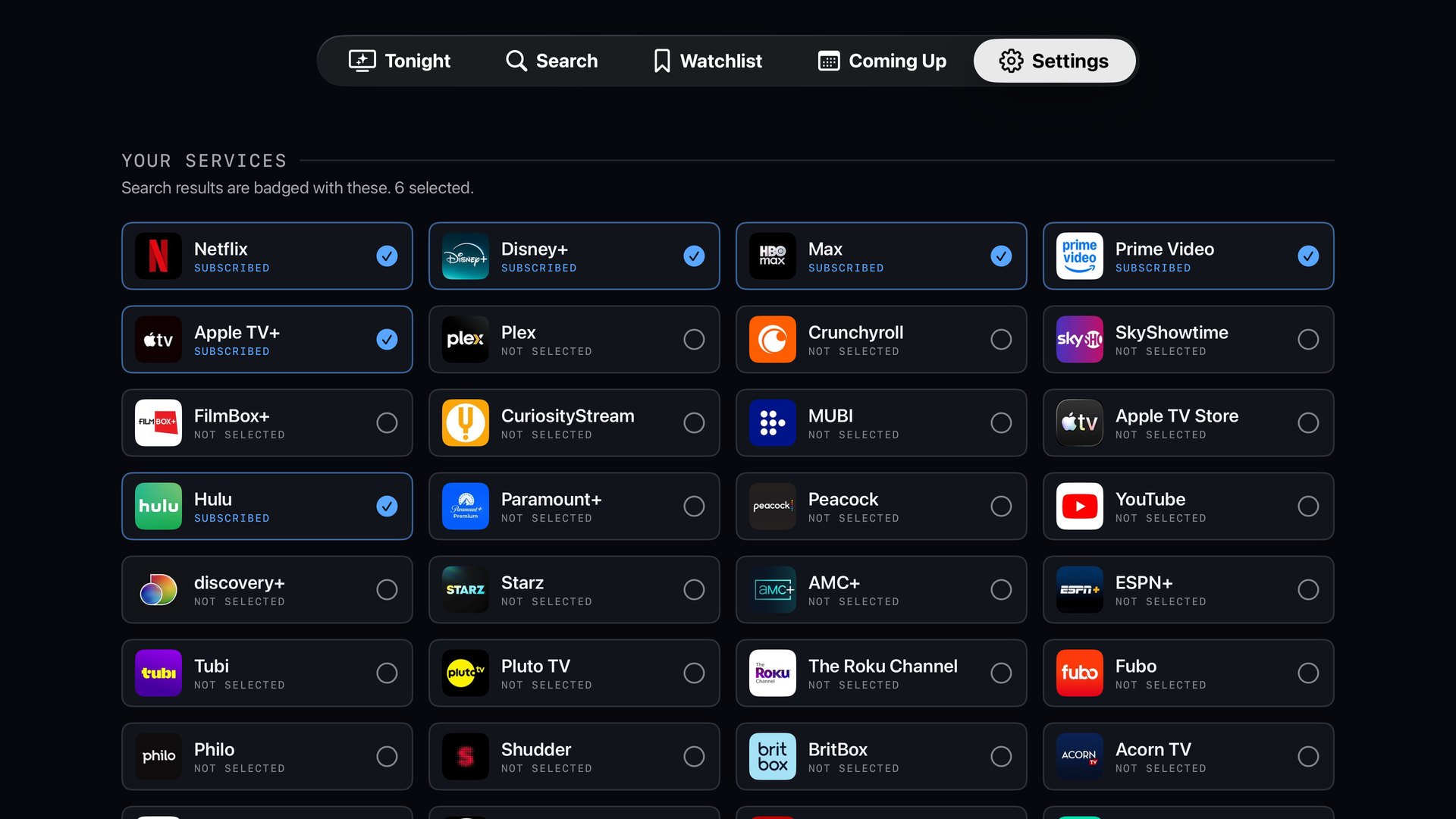 Service picker showing real streaming service logos, six marked subscribed