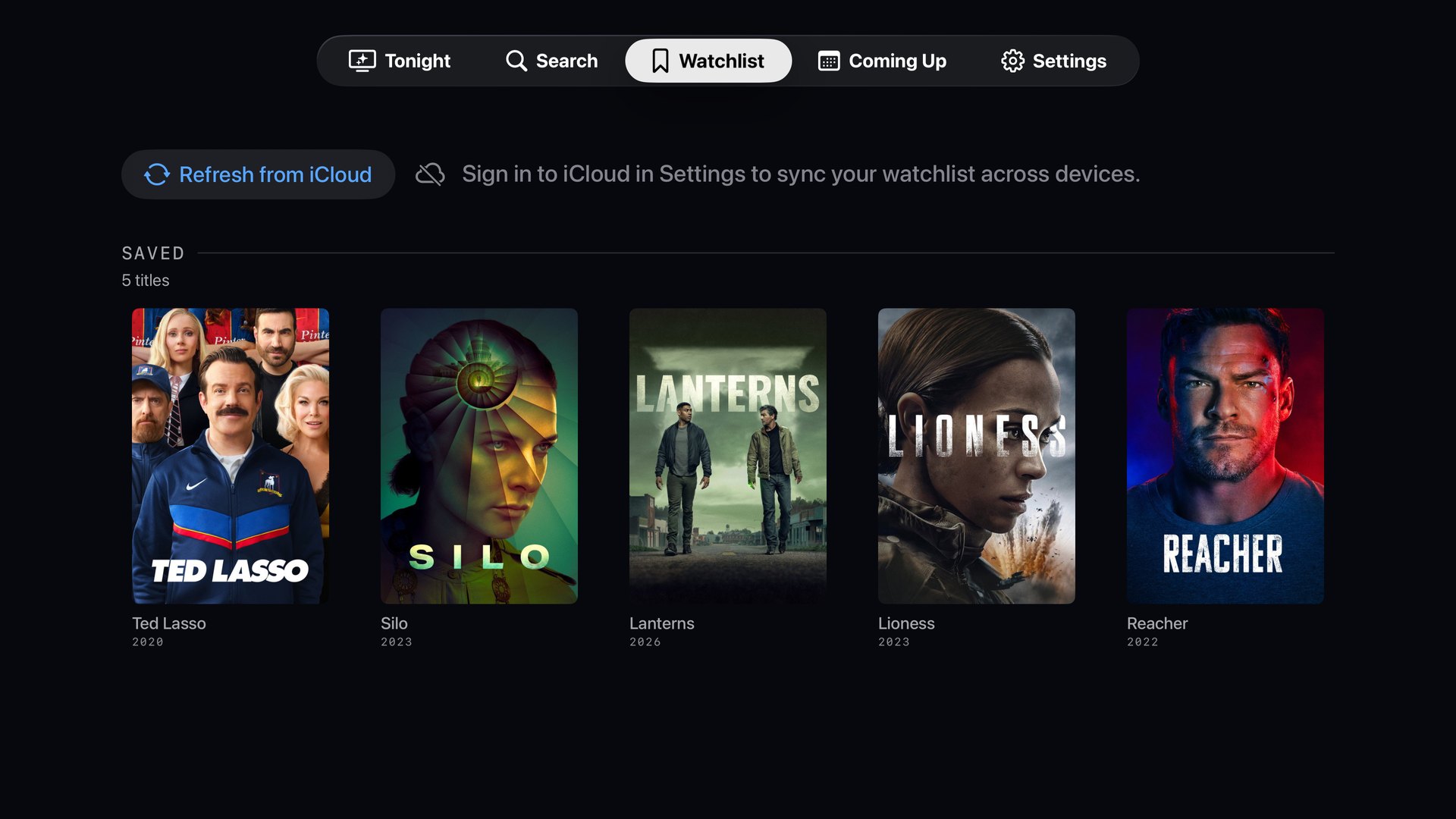 Watchlist grid of saved series